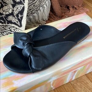 Anthropologie Black Leather Women's bow tie Slide Sandals
